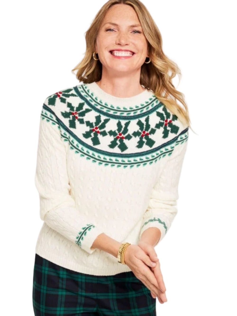 Talbots Cream Soft Cotton Blend Cable-Knit Sweater with Green and Red Holly Yoke